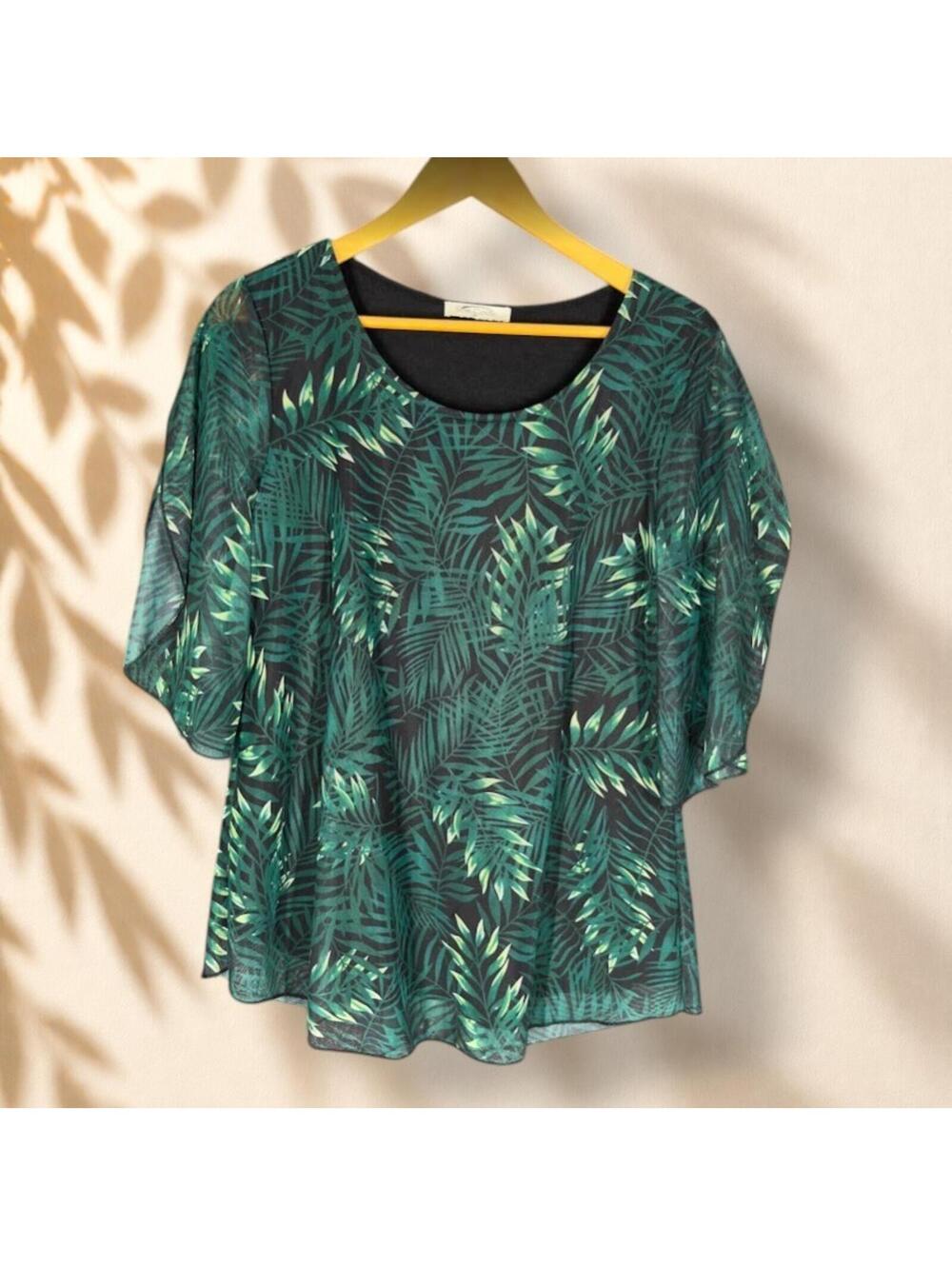 Sese Code Blouse Women M Medium Green Floral Short Sleeve Round Neck Casual